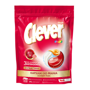 TRZYKOMOROWE KAPSUŁKI DO PRANIA CLEVER COLOR 3 ENZYMY I 3 DETERGENTY 42 SZTUKI